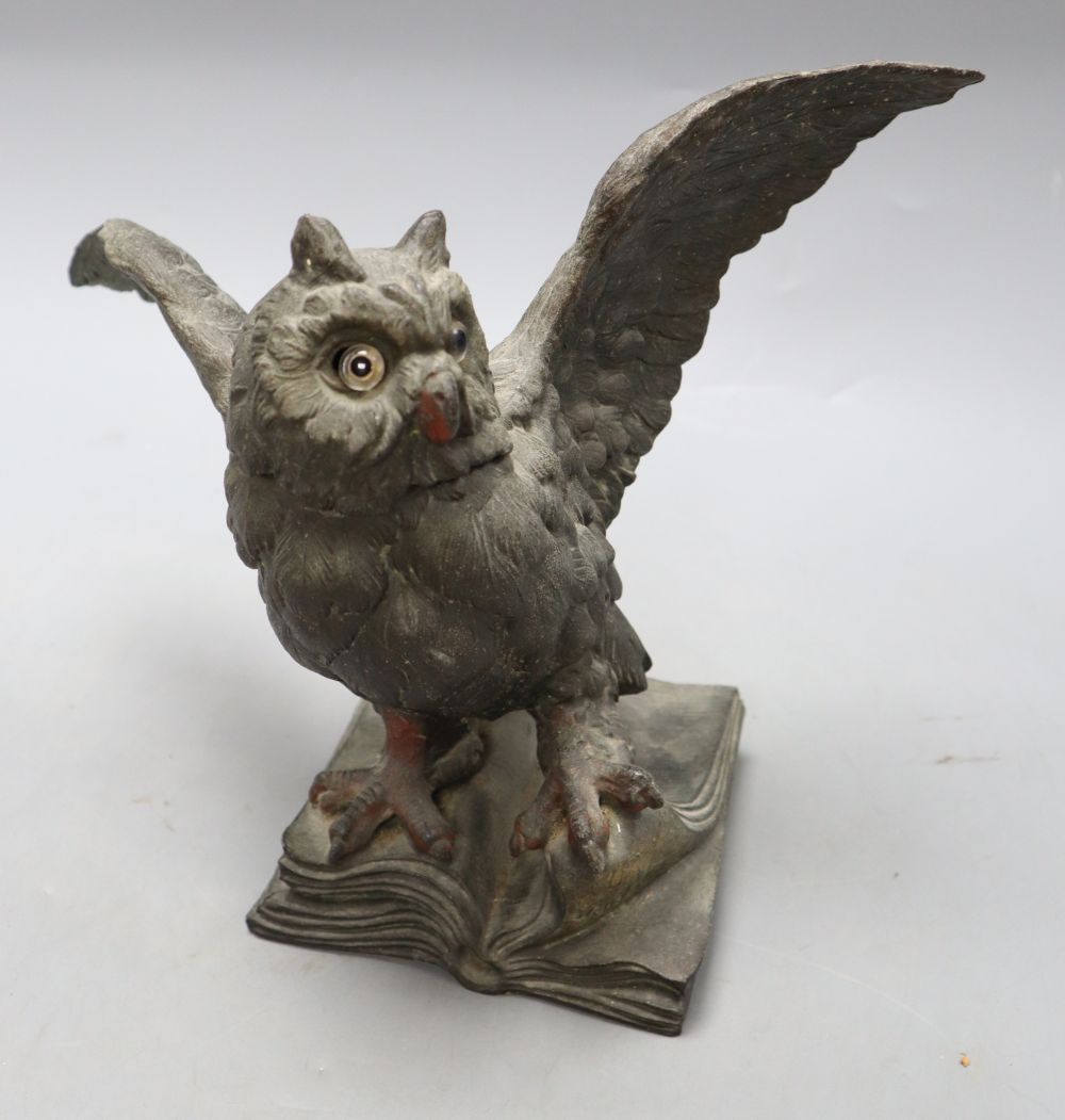 After Paul Engel. A spelter owl inkstand, signed